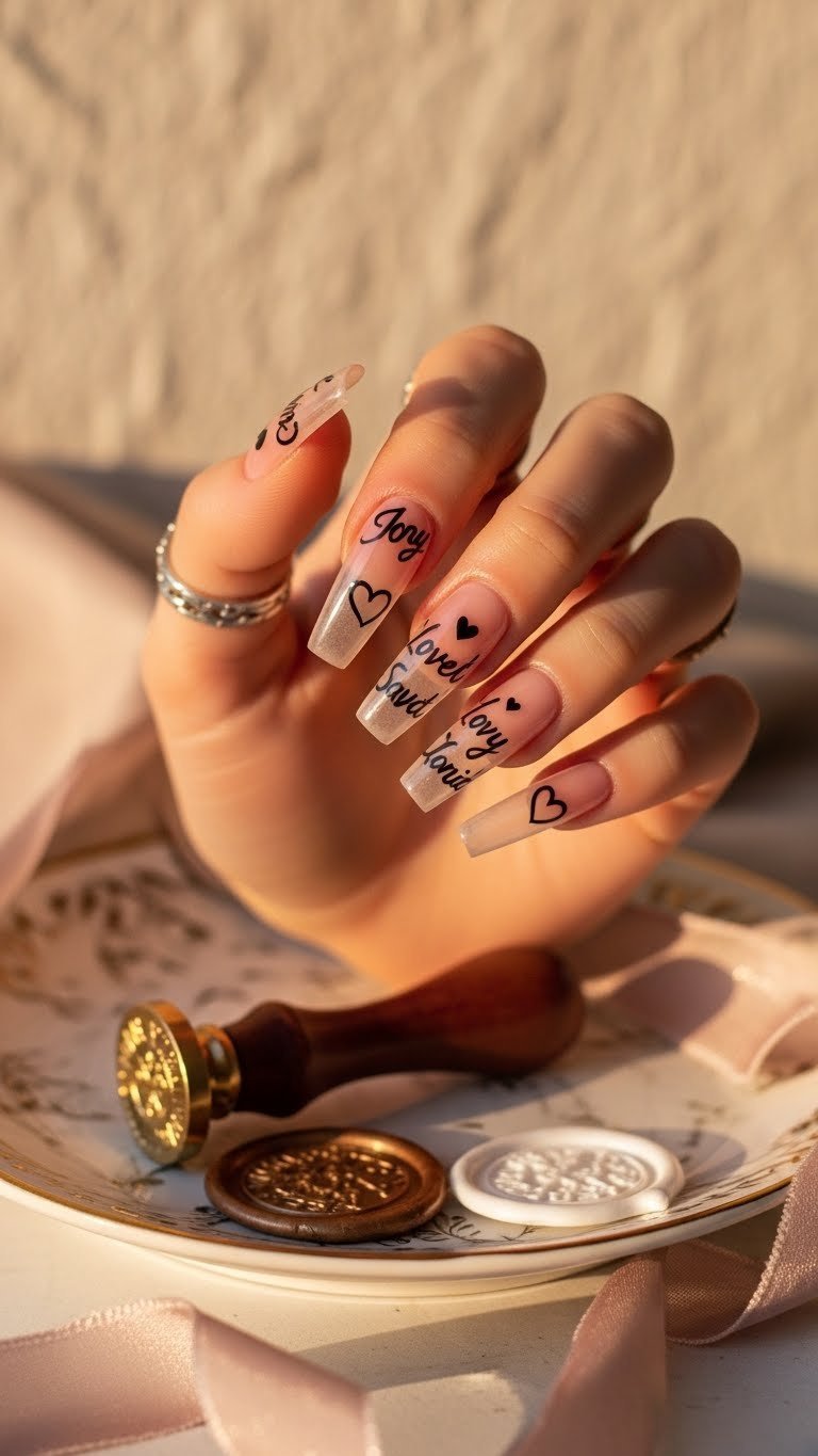 Long clear coffin nails with translucent pink base featuring delicate handwritten script and heart designs