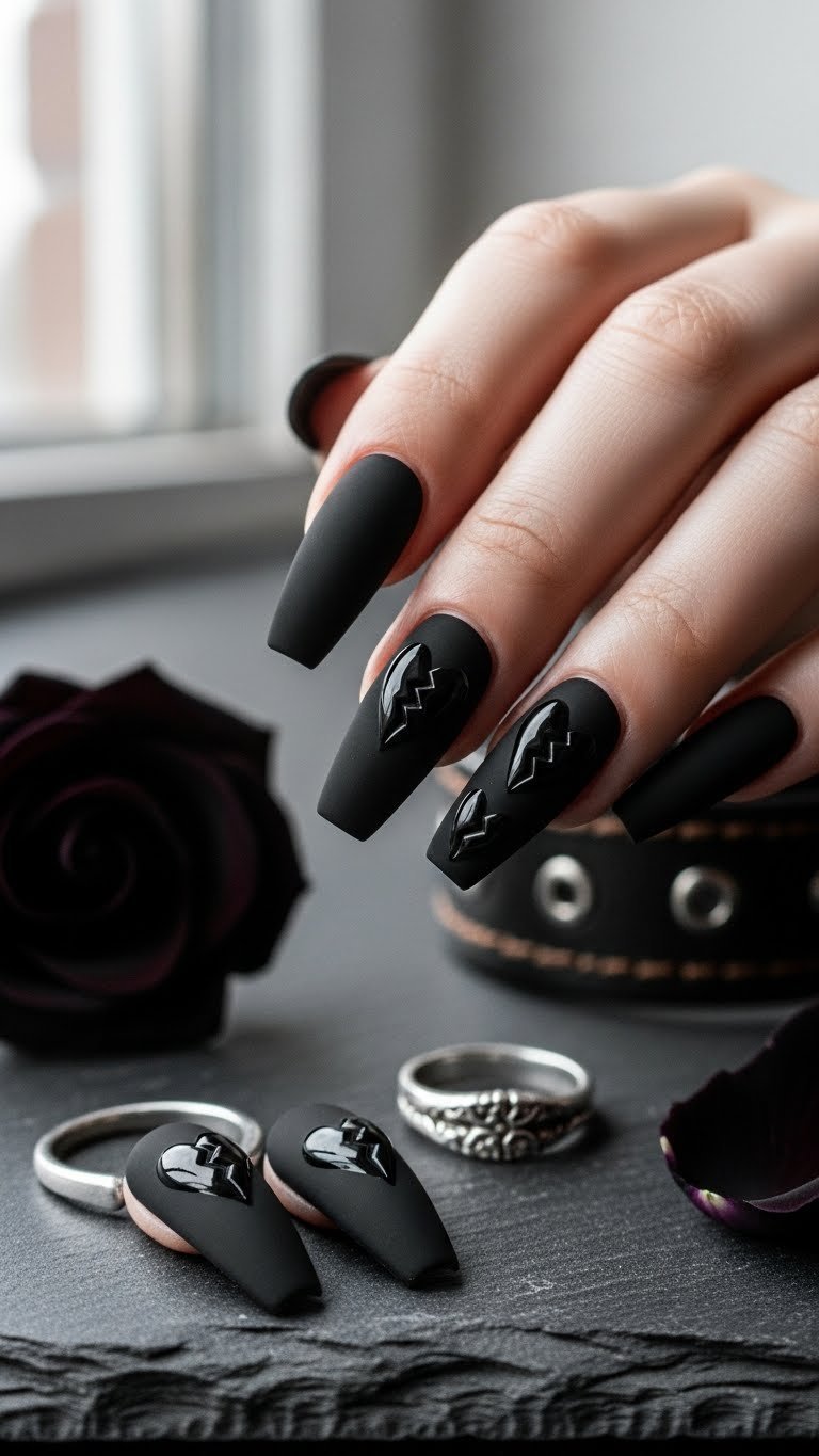 Long coffin-shaped matte black nails with broken heart designs in glossy black against dark slate surface with minimalist rings and soft natural lighting.