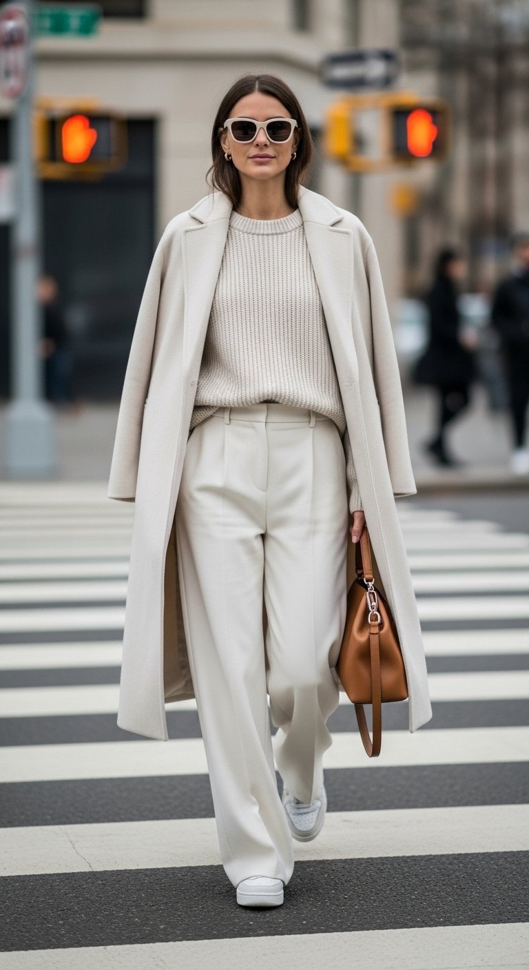 Long cream wool coat over matching knit sweater and wide-leg trousers striding across chic city crosswalk