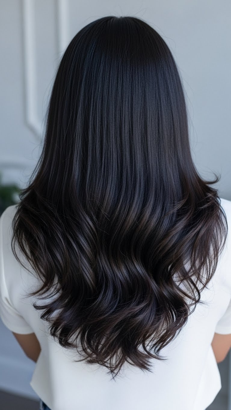 Long dark hair with V-shape layers creating flowing silhouette against monochromatic blue and white backdrop