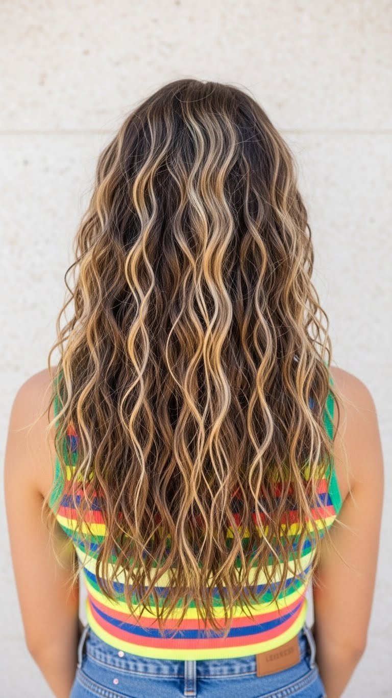 Long flowing hair with distinct uniform crimped texture showcasing zig-zag pattern defining 00s hair aesthetic