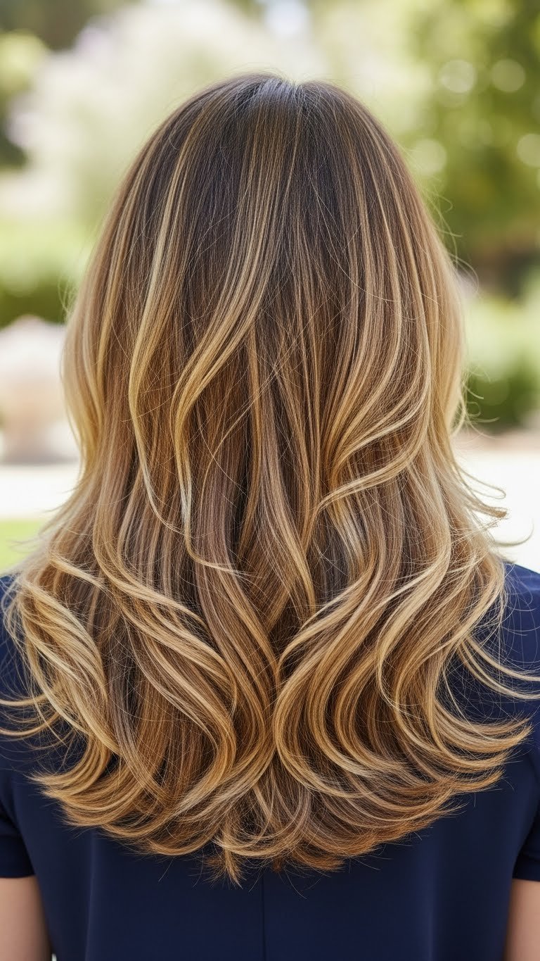 Long layered hairstyle with strategic highlights creating volume and dimension for thin hair in garden setting