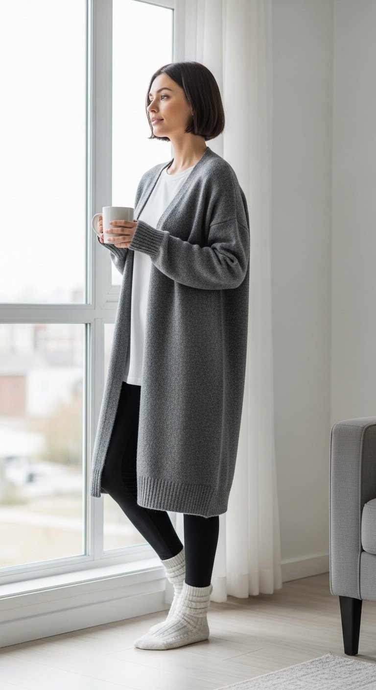 Long oversized gray wool cardigan over black leggings with mug of tea in bright minimalist living room window
