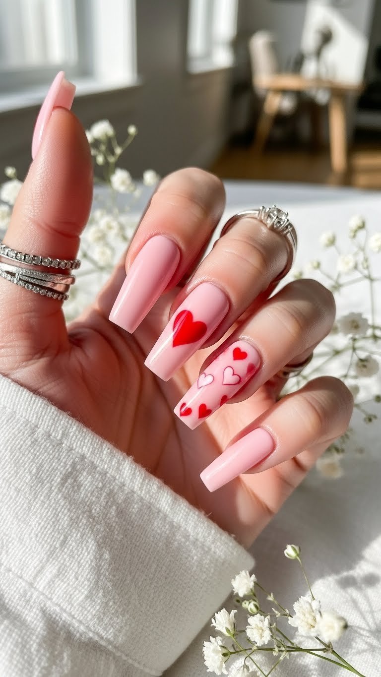 Long pink coffin nails with delicate red heart nail art featuring symmetrical hearts and glossy finish against soft white linen background