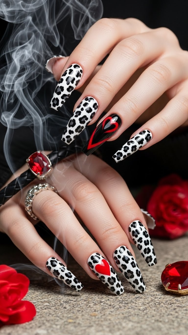 Long stiletto nails with dramatic black and white leopard print featuring vibrant red accents