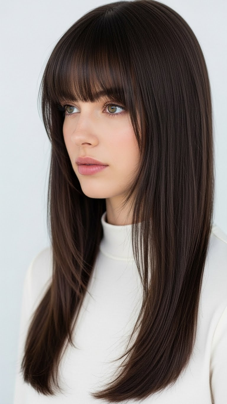 Long straight hair with wispy bangs on woman with round face against minimalist studio background