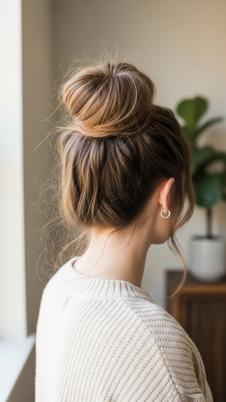 Long wavy brown hair styled in an easy messy bun with textured volume and wispy strands against a soft bokeh background