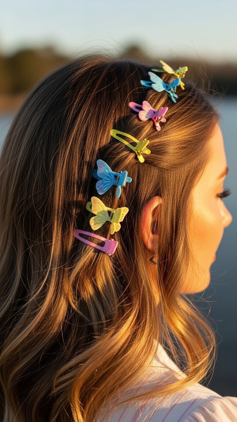 Long wavy hair adorned with colorful butterfly clips creating playful accessorized 00s hairstyle look