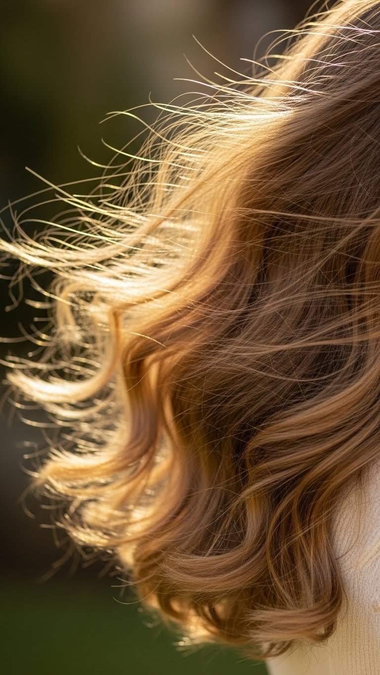 Long wavy hair cascading with natural movement against soft blurred garden background in warm golden light