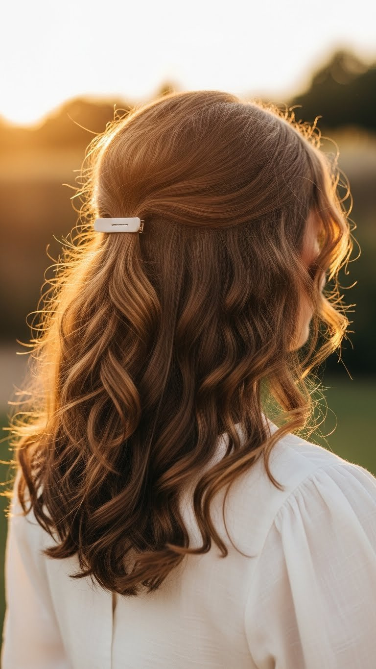 Loose romantic curls with minimalist hair clip in golden hour garden sunset backdrop