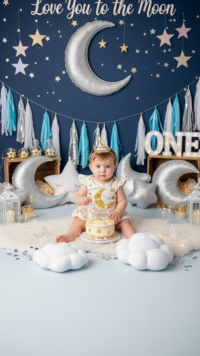Love You to the Moon celestial party scene with baby girl in starry outfit surrounded by moon and star decorations