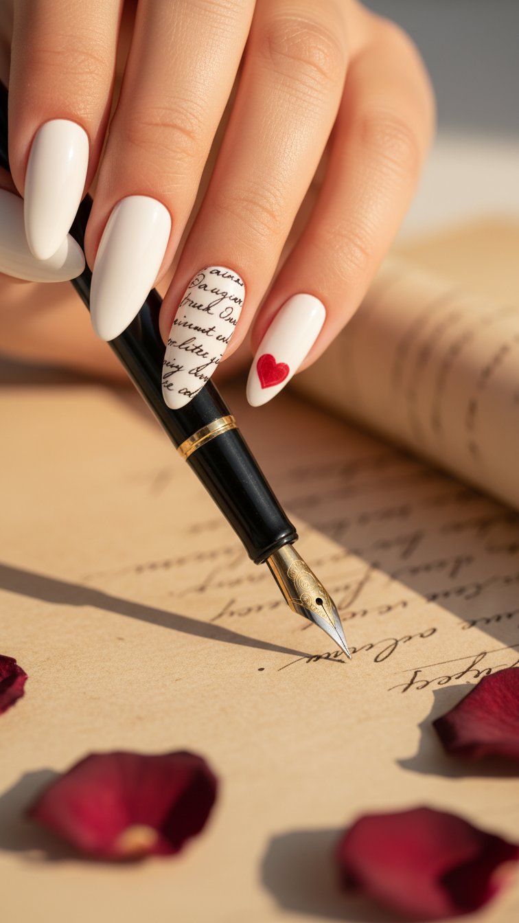 Love letter almond nails with black cursive script and red wax seal heart holding fountain pen on parchment
