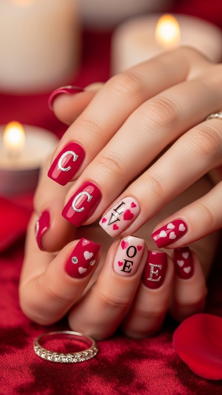 Love themed initials and hearts manicure with deep fuchsia base and romantic elements