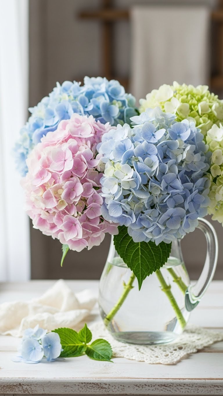 Lush hydrangeas in vintage glass pitcher with soft natural light and farmhouse interior