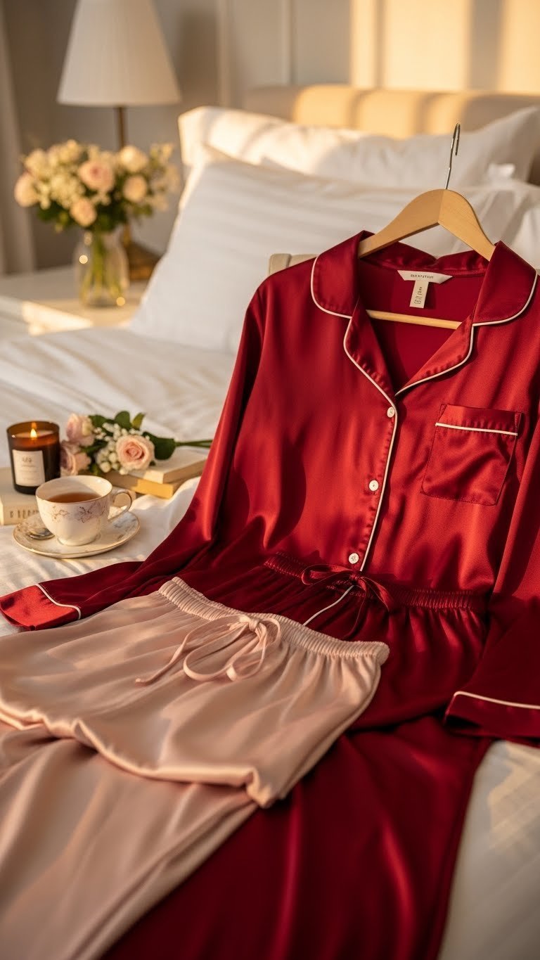 Luxurious deep red satin pajama set draped elegantly over bed with silk pillows in romantic bedroom
