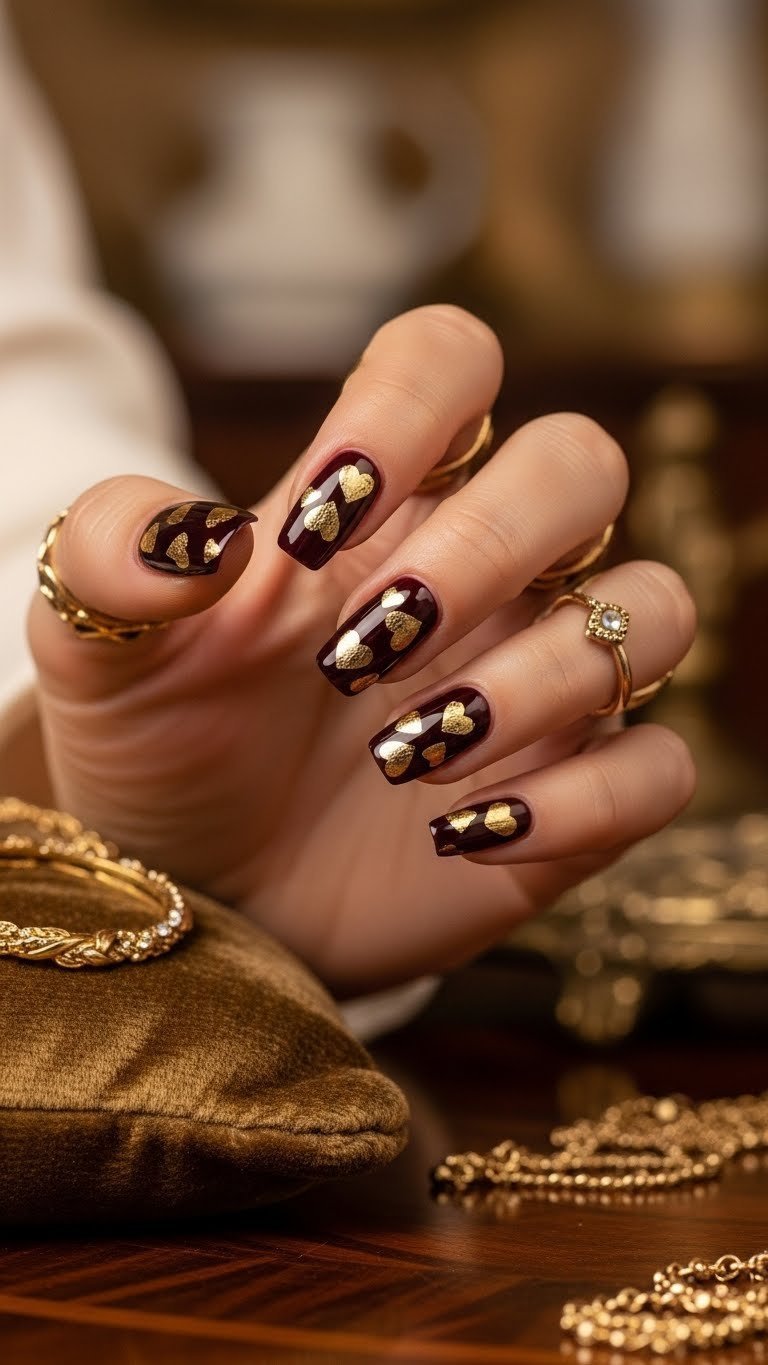 Luxurious gold foil heart details on rich burgundy chrome nails with opulent vintage styling elements