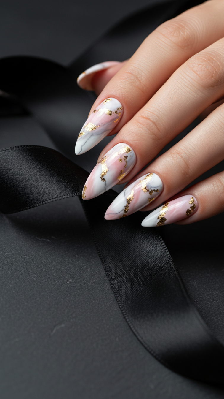 Luxurious marble stiletto nails with gold foil touching black silk ribbon on dark slate surface