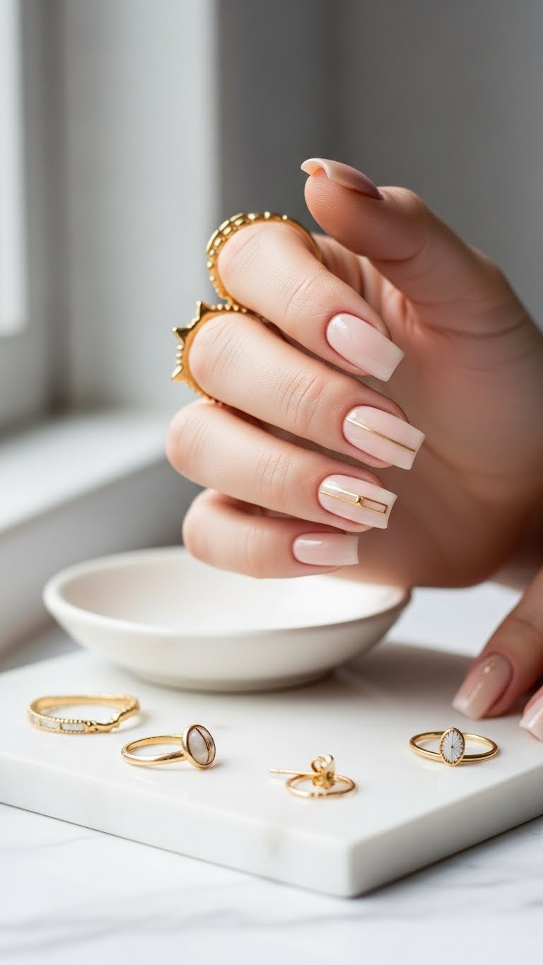 Luxurious nude square nails with minimalist gold accent details on white marble surface