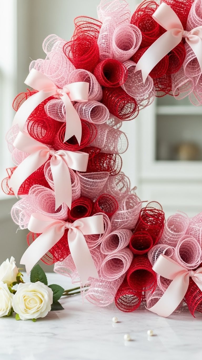 Luxurious pink and red deco mesh Valentine wreath with satin bows on marble countertop with pearl beads and silk roses.