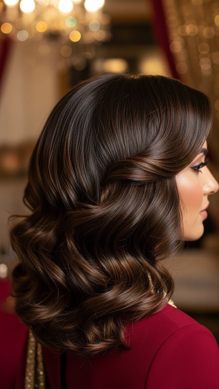Luxurious side swept waves hairstyle with soft curls and brilliant shine for glamorous Indian party occasions