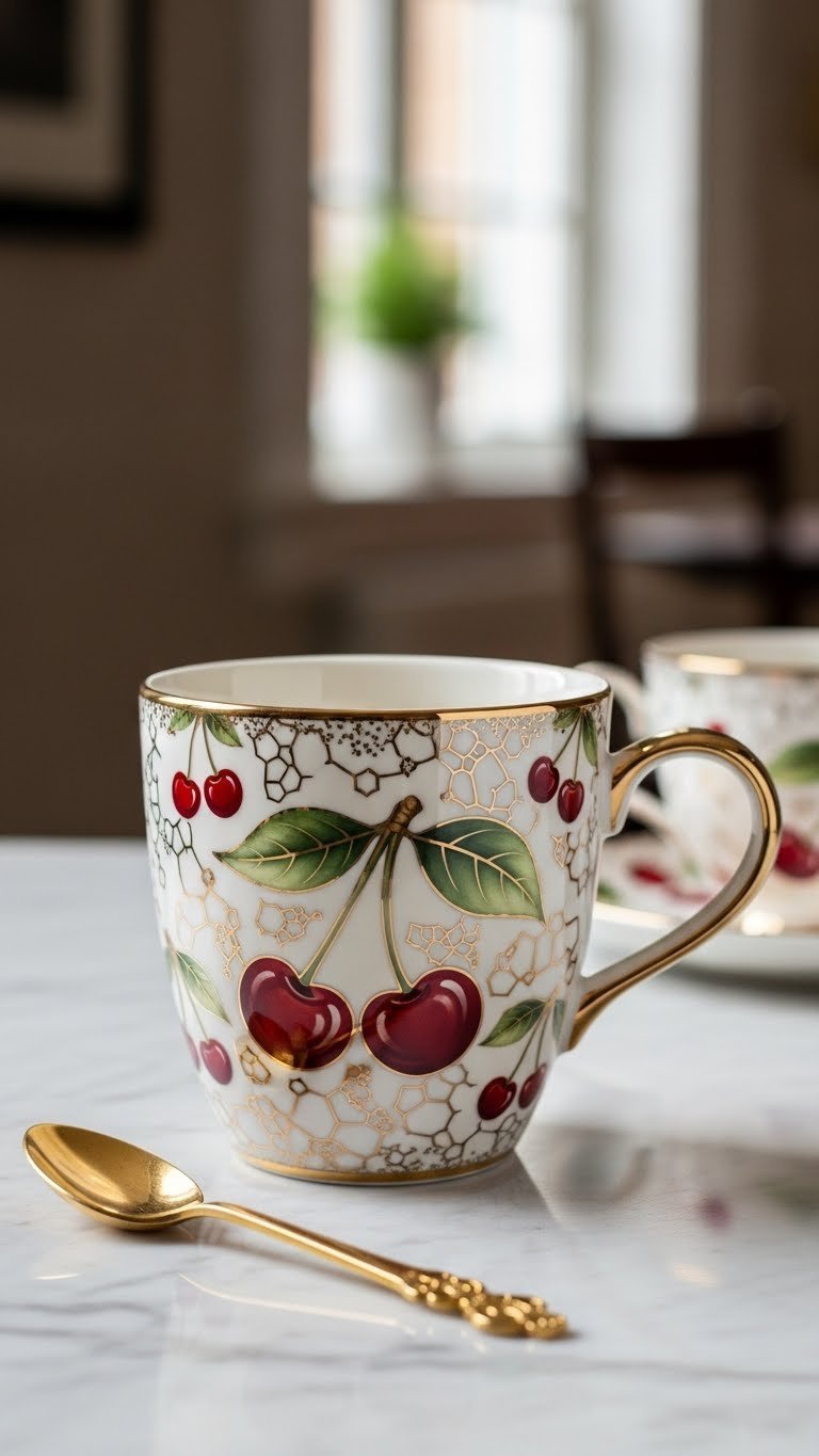Luxury ceramic mug with cherry motifs and elegant gold metallic accents on marble countertop