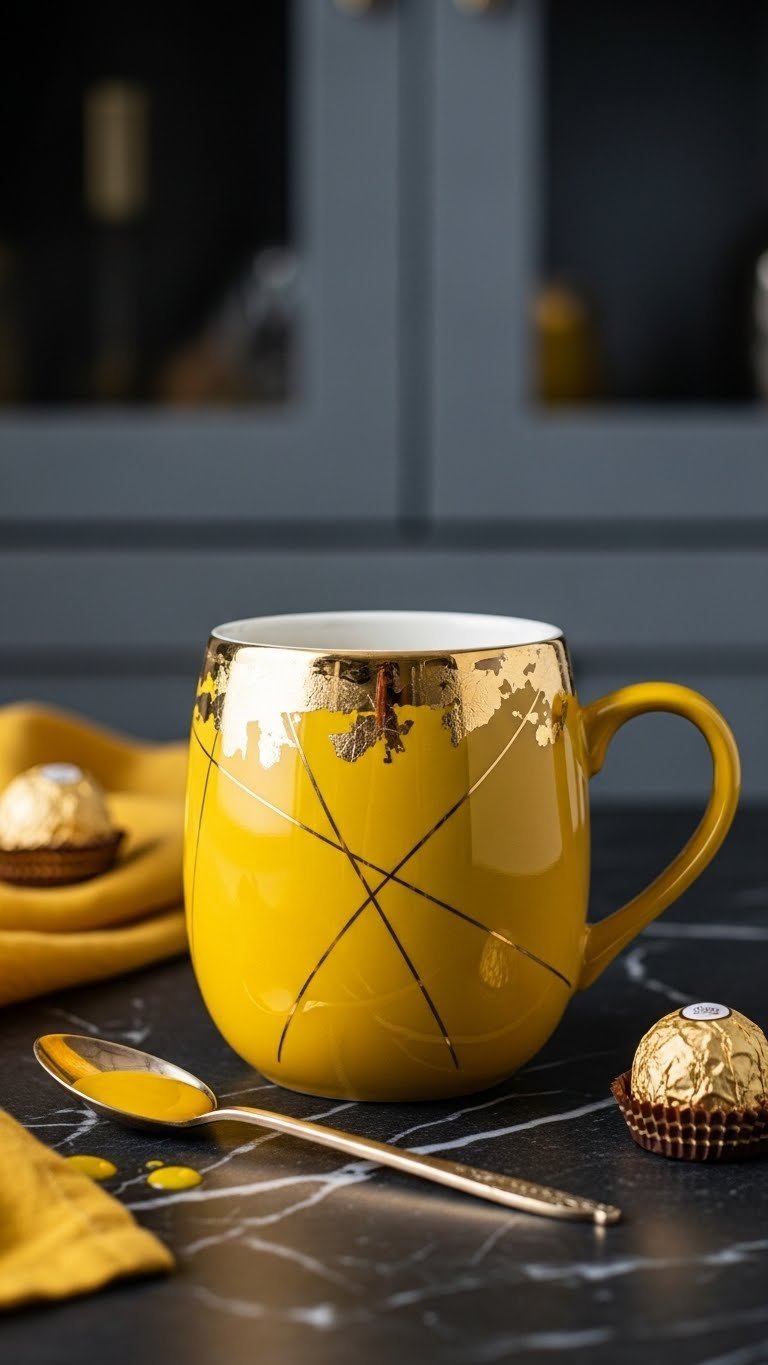 Luxury gold leaf yellow mug on dark marble surface with antique spoon and foil-wrapped chocolates