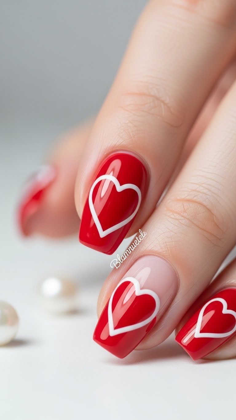 Macro detail of classic red blooming gel heart with crisp white outline on nude nail