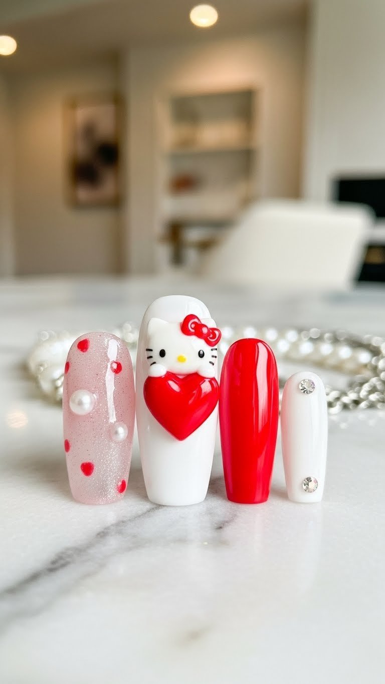 Macro detail of coffin-shaped nail with 3D Hello Kitty sculpture peeking over red heart on marble surface with pearl accents.
