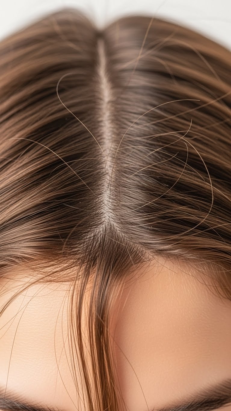 Macro detail of hair anatomy showing root direction and natural partings against neutral backdrop
