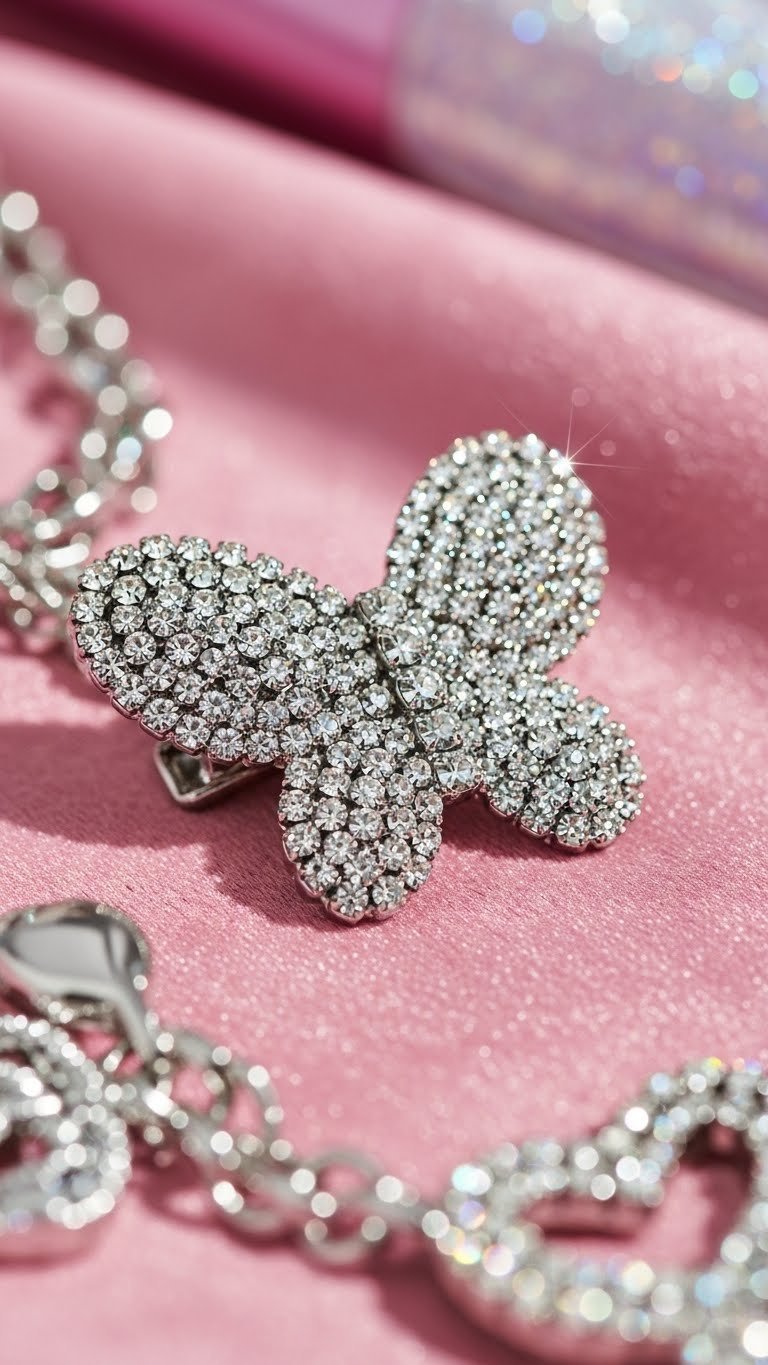 Macro detail of rhinestone-adorned Y2K accessory with glittering crystals on velvet fabric