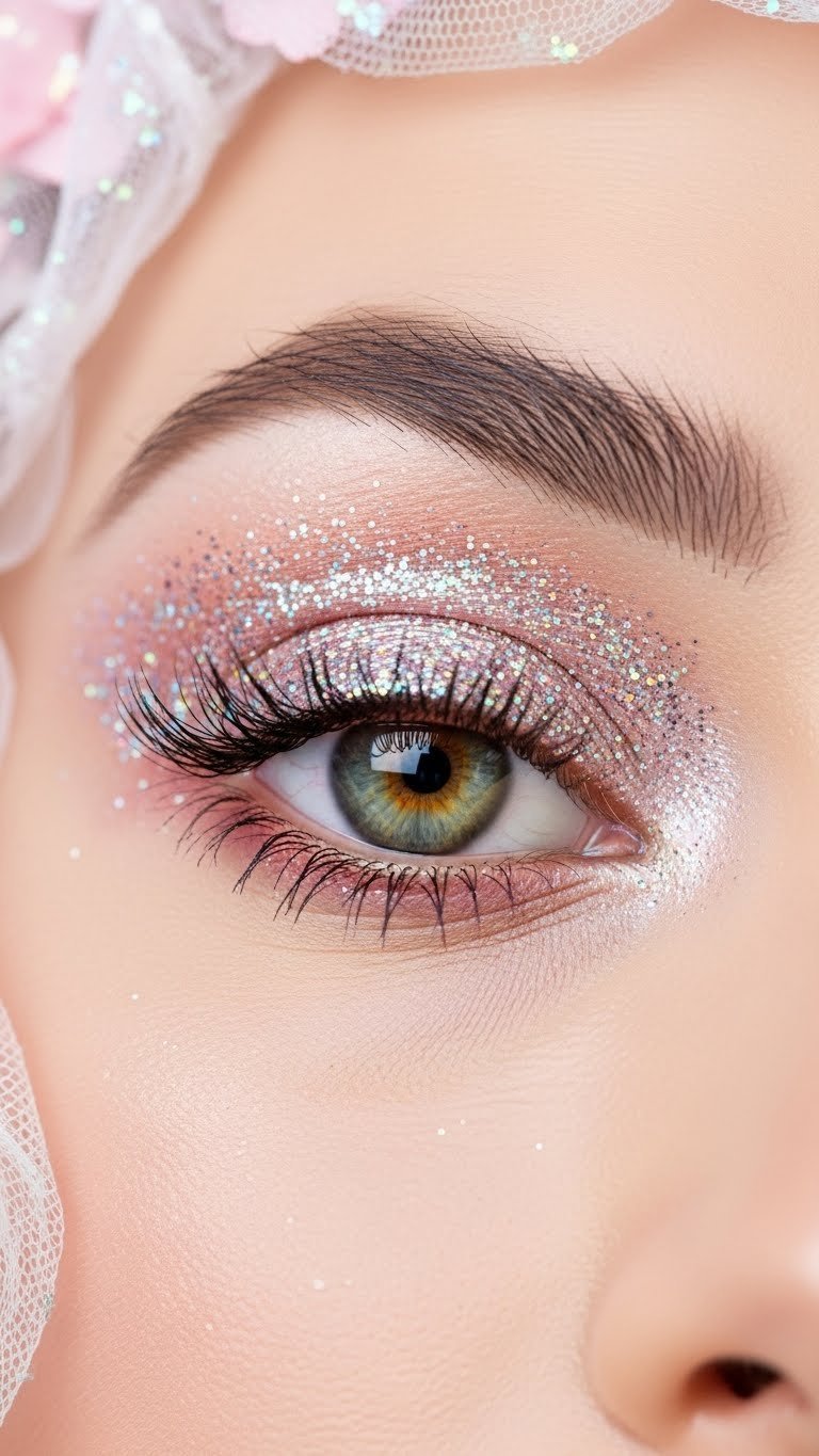 Macro detail of woman's eye featuring glittery eyeshadow with iridescent sparkle against soft pastel background