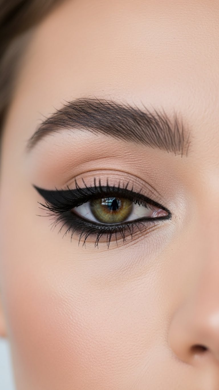 Macro detail of woman's eye showcasing sharp winged eyeliner with symmetrical black line against clean backdrop