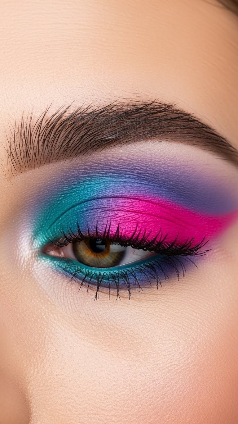 Macro detail of woman's eye showcasing vibrant colorful eyeshadow in bold purple or pink shades