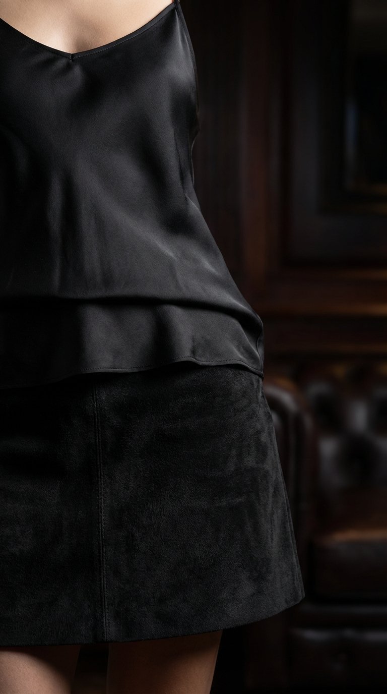 Macro detail shot of black suede mini skirt and silk camisole top showing elegant texture contrast in dim lounge lighting