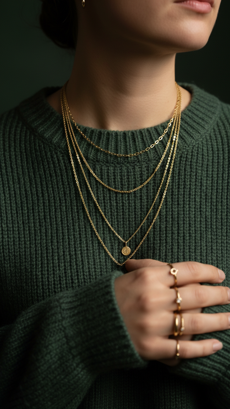 Macro detail shot of layered gold necklaces against dark green sweater with gold rings on fingers