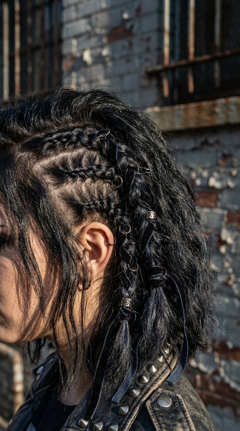 Macro detail shot of punk-inspired braids on medium length hair against blurred brick wall urban setting