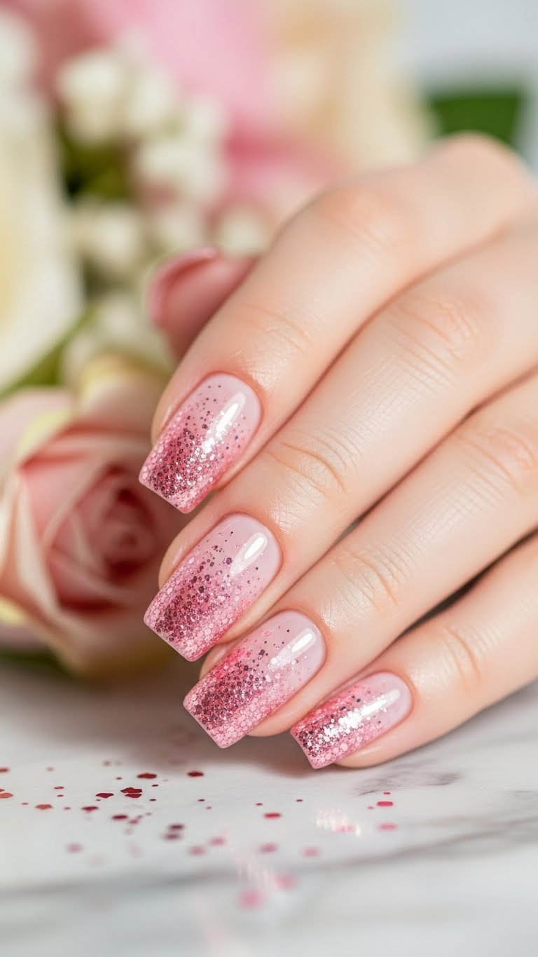Macro shot of almond Valentine's gel nails featuring pink glitter ombré effect on marble countertop