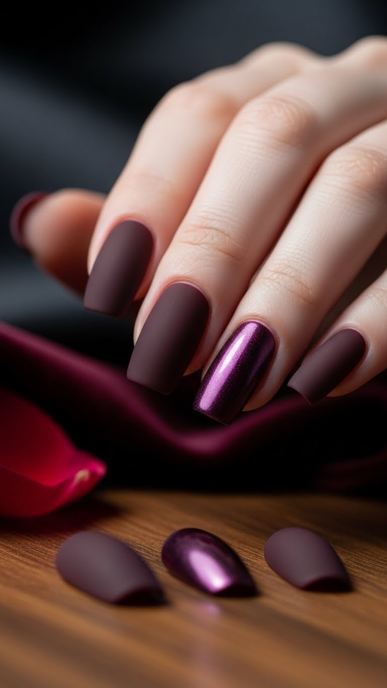 Macro shot of burgundy matte chrome nails on dark wooden surface with soft natural lighting