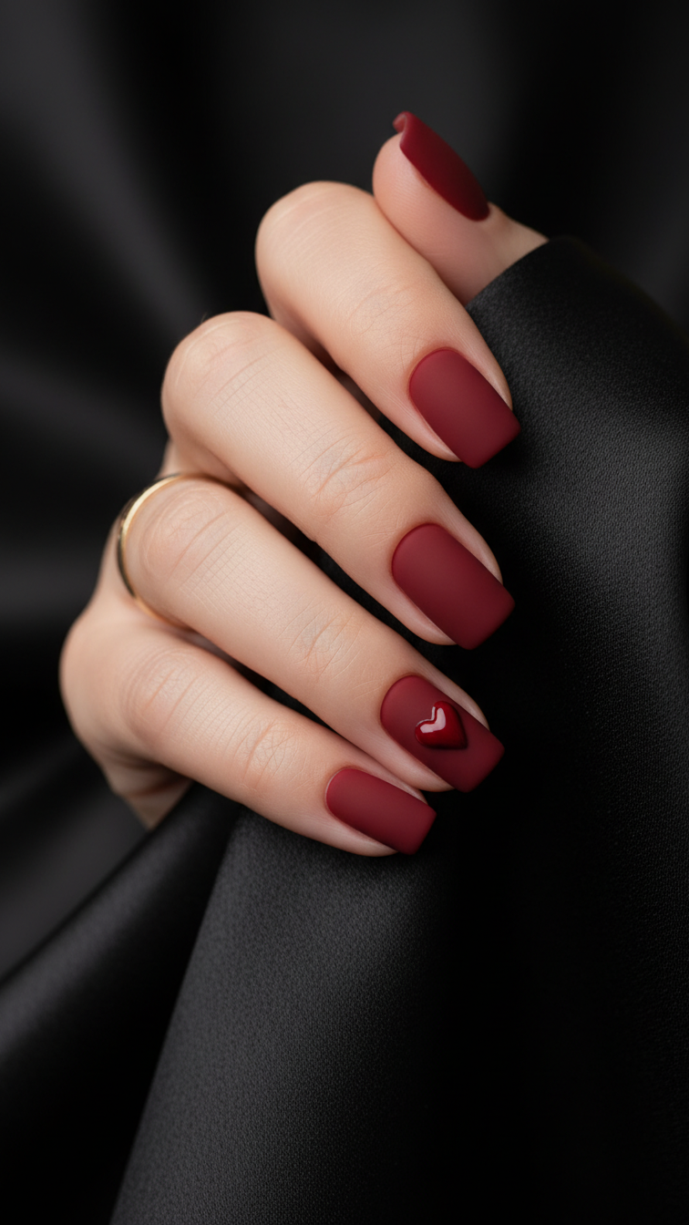 Macro shot of short square matte red nails with glossy heart accent on ring finger holding black silk fabric