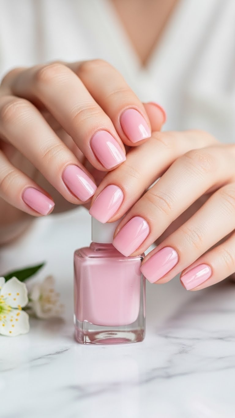 Macro shot of soft pink glazed donut chrome nails on marble countertop with natural window lighting