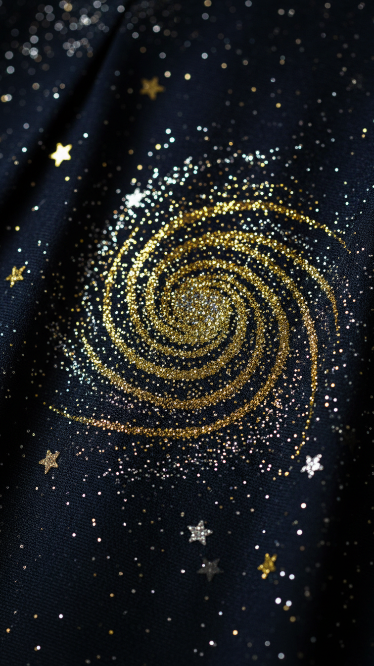 Magical Starry Night themed outfit with gold and silver glitter galaxy effect on dark blue fabric.