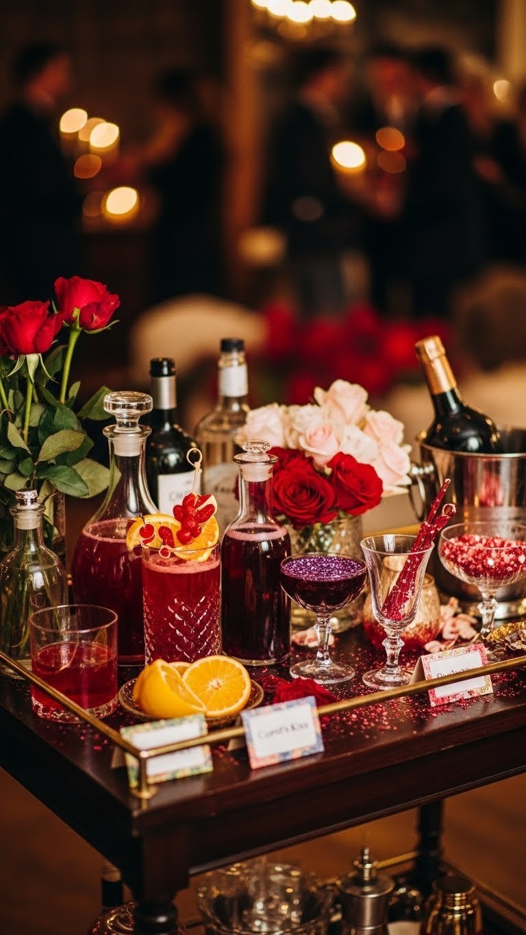 Magical love potion drink bar with colorful liquids in elegant glass decanters and fresh fruit garnishes