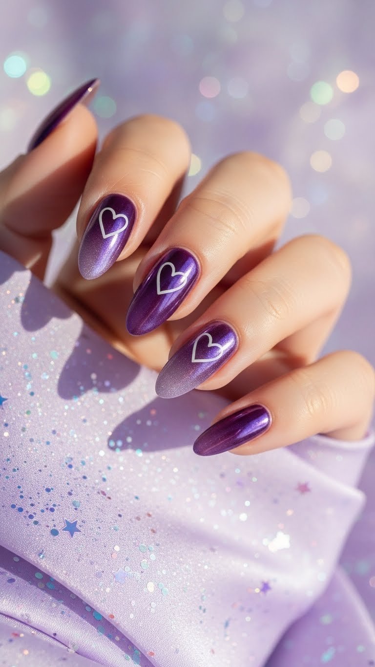 Magical purple chrome ombre heart nails transitioning from deep purple to shimmering lavender on ethereal backdrop