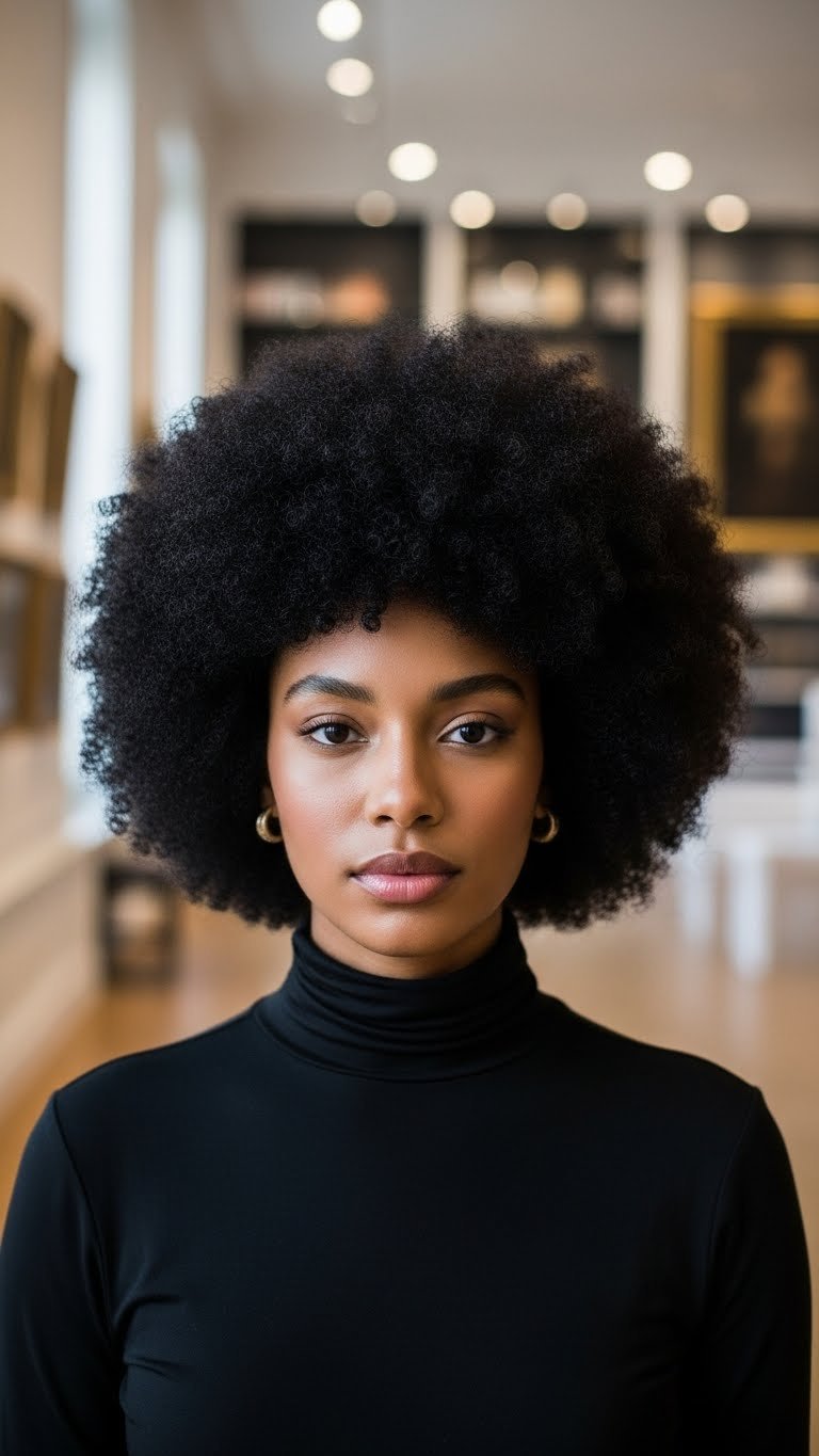 Magnificent classic afro showcasing voluminous 4C hair texture with regal confident pose indoors