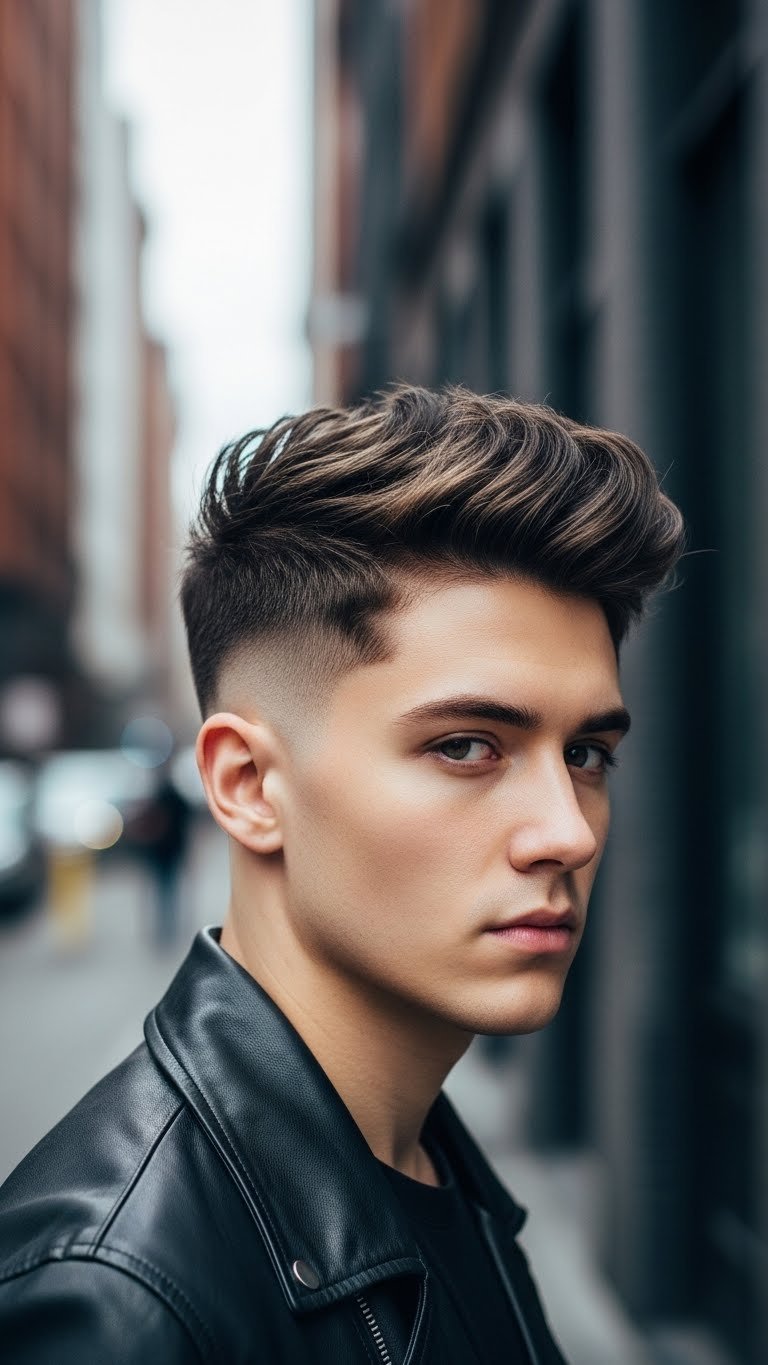 Male Korean Two-Block Haircut with undercut sides and textured longer hair on top styled with natural volume and forward fringe.