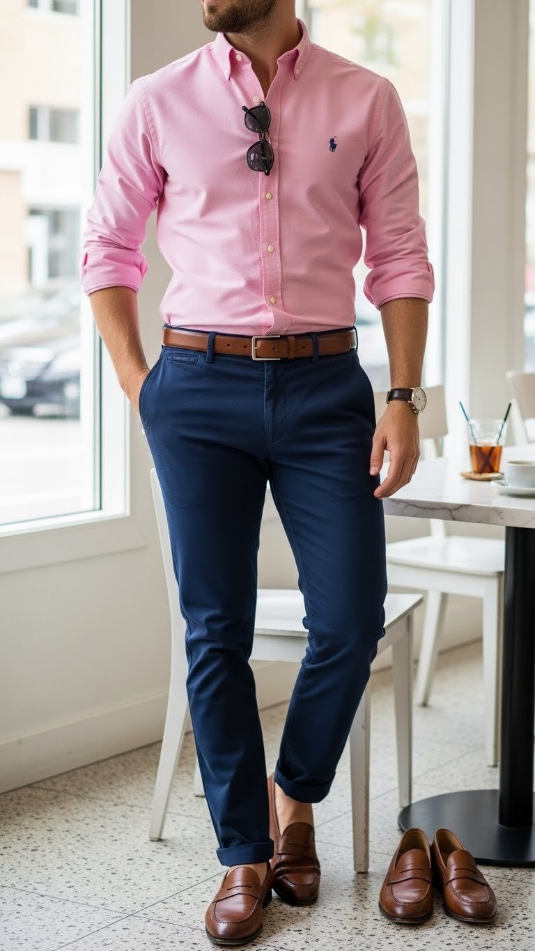 Man in a light pink Oxford shirt, navy chinos, and brown leather accessories for men's style.
