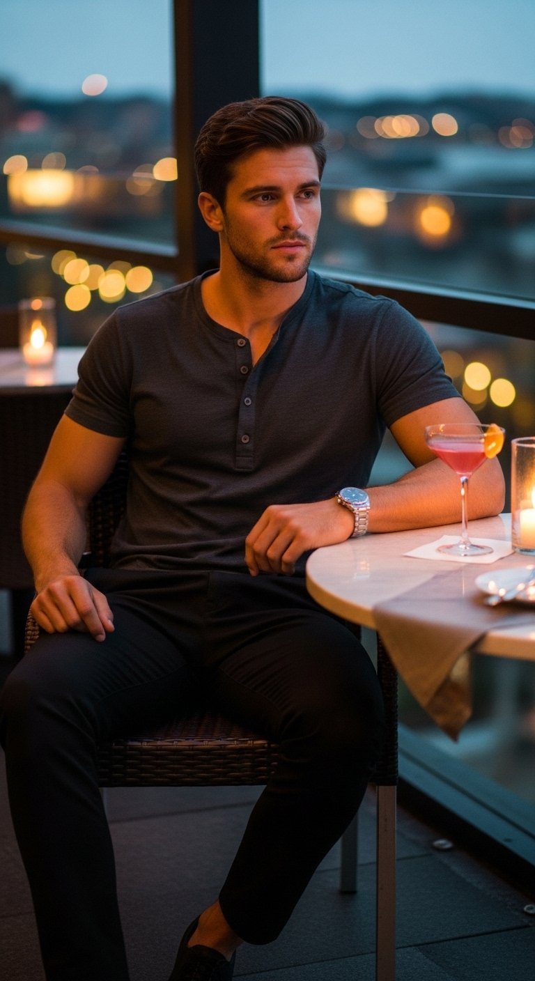 Man in charcoal grey henley shirt and black chinos at outdoor restaurant table at dusk
