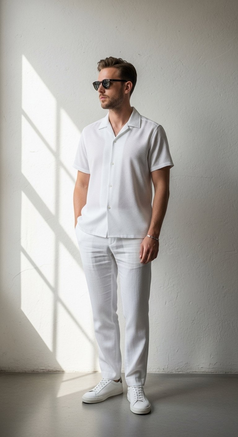 Man in monochromatic white camp collar shirt and linen trousers against textured wall