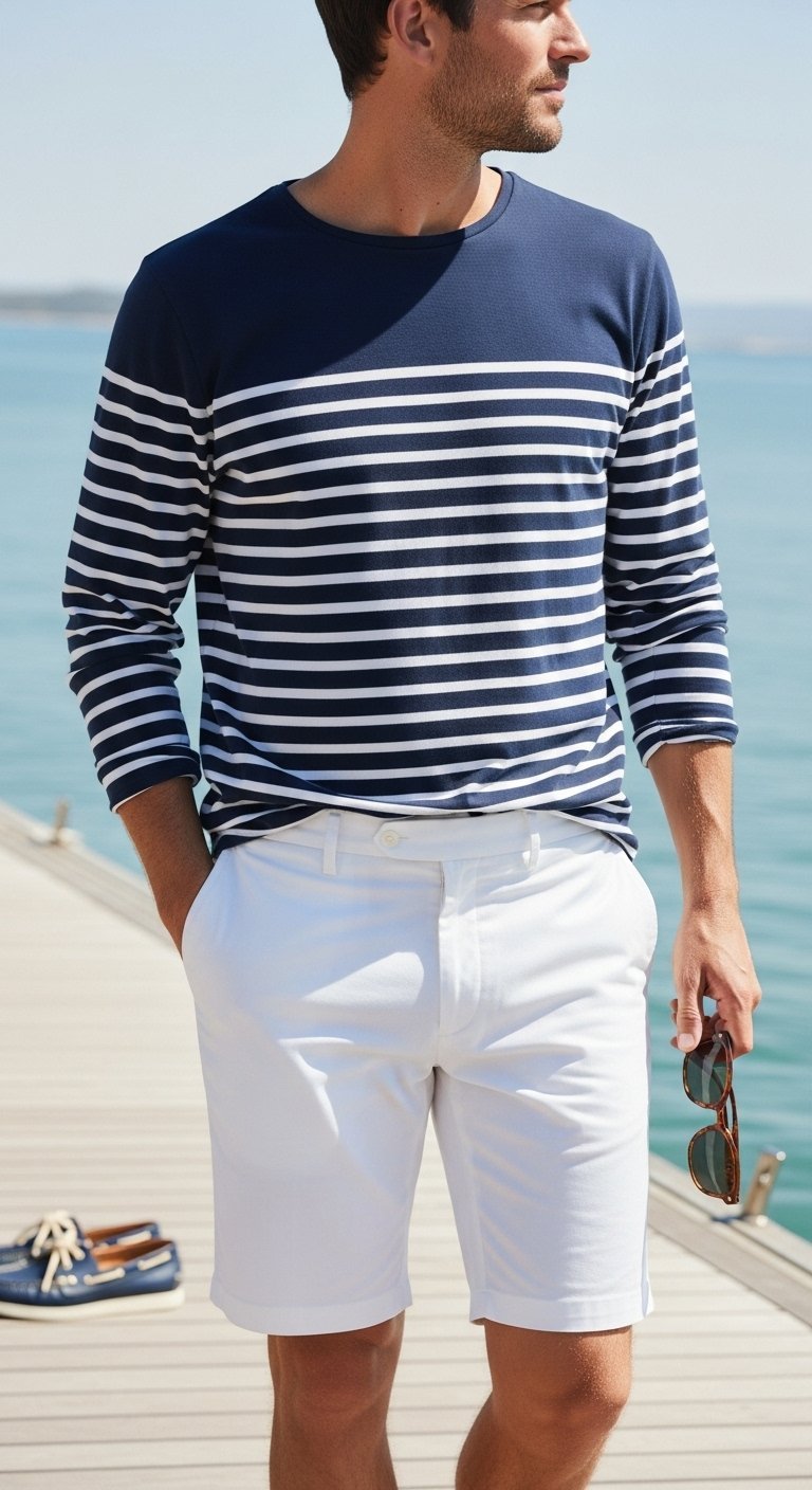 Man in navy and white Breton stripe shirt with white chino shorts on seaside dock