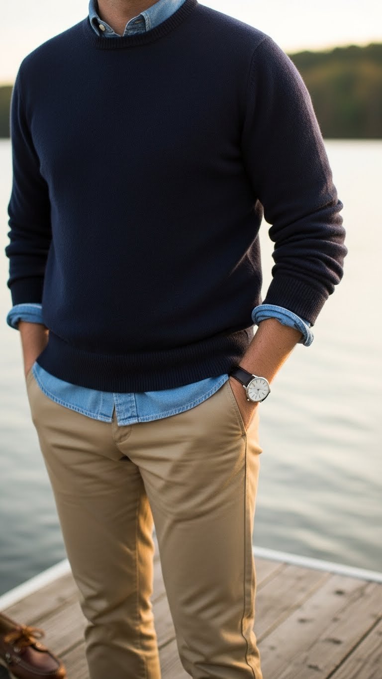 Man in navy sweater, chambray shirt, khaki chinos, brown watch, boat shoes, on a dock.